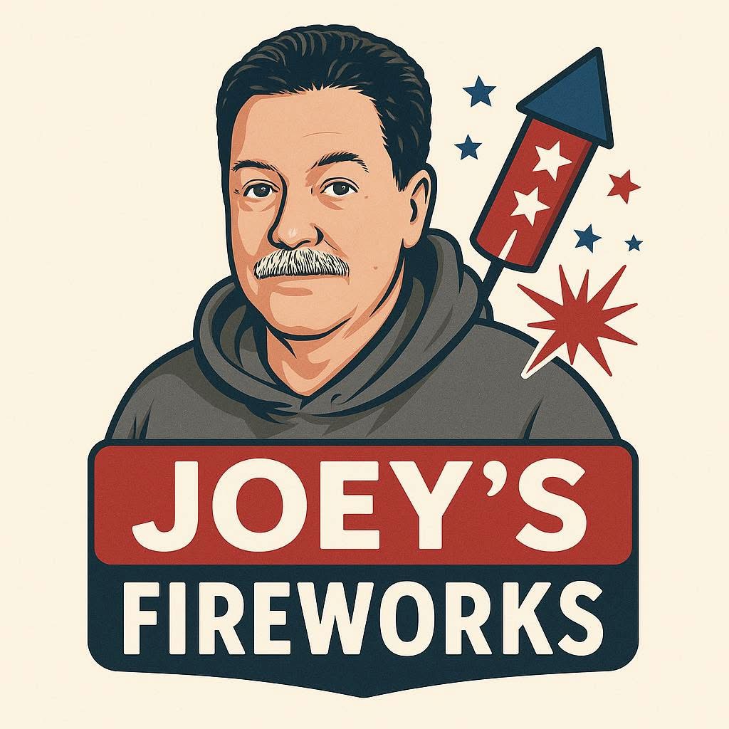 Illustrated Joey's Fireworks logo featuring Joey and a firework